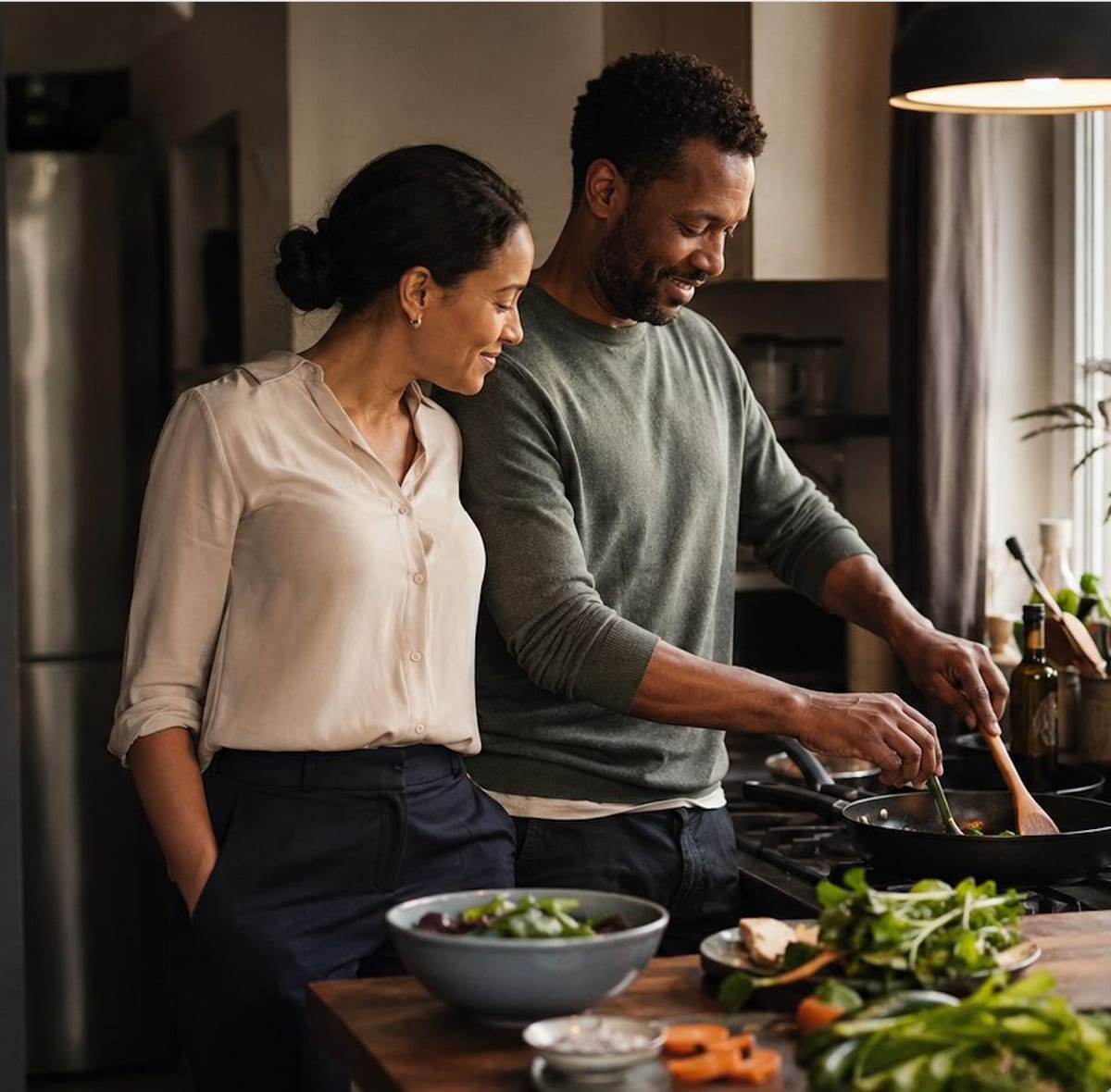 A couple cooking dinner together at home in the evening