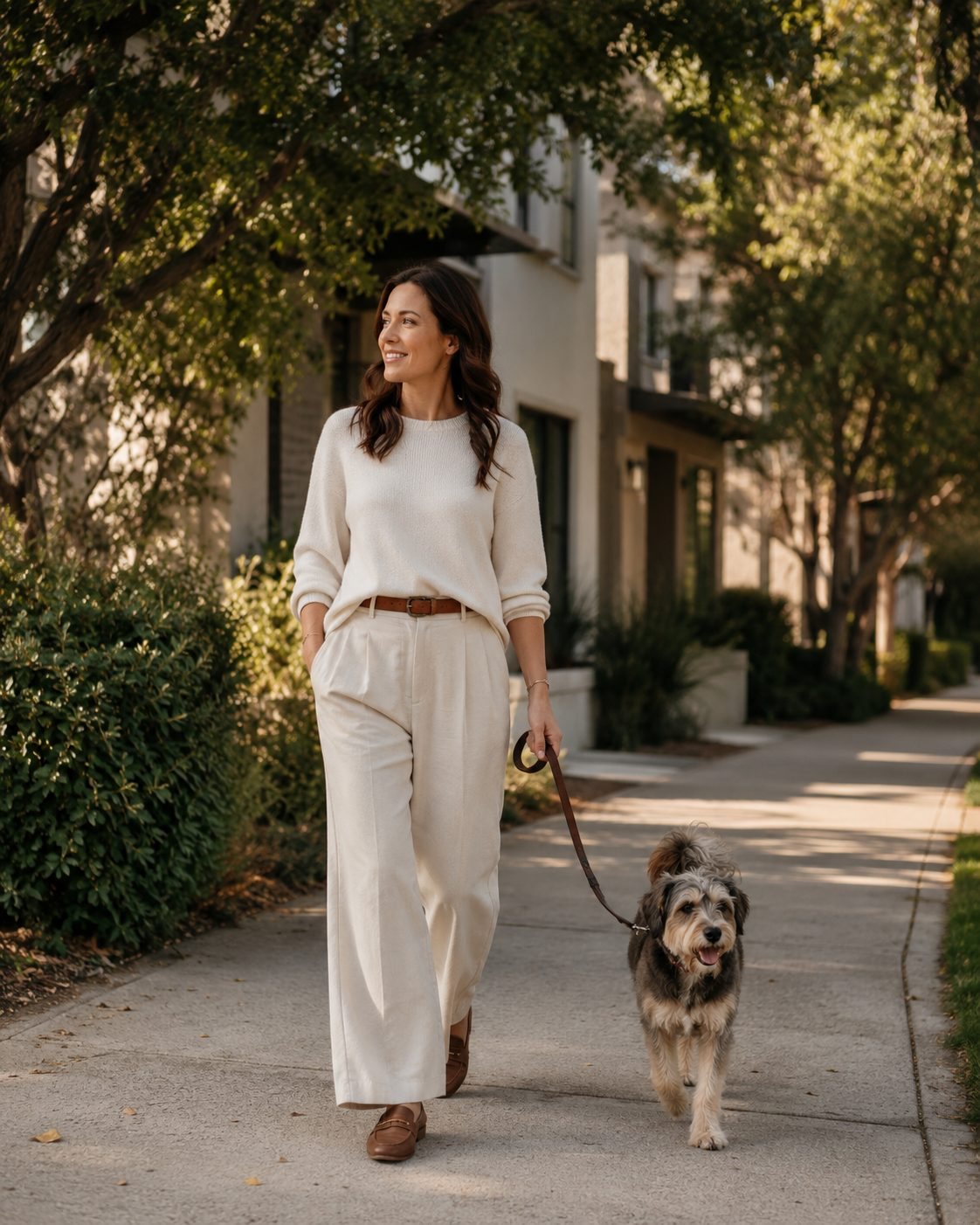 A woman walking her dog