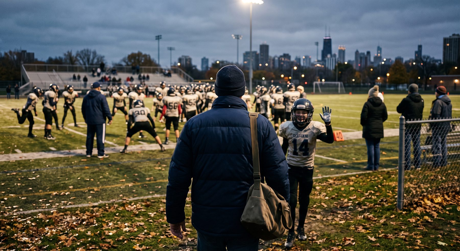 A father walking onto the field toward his son at an evening football game