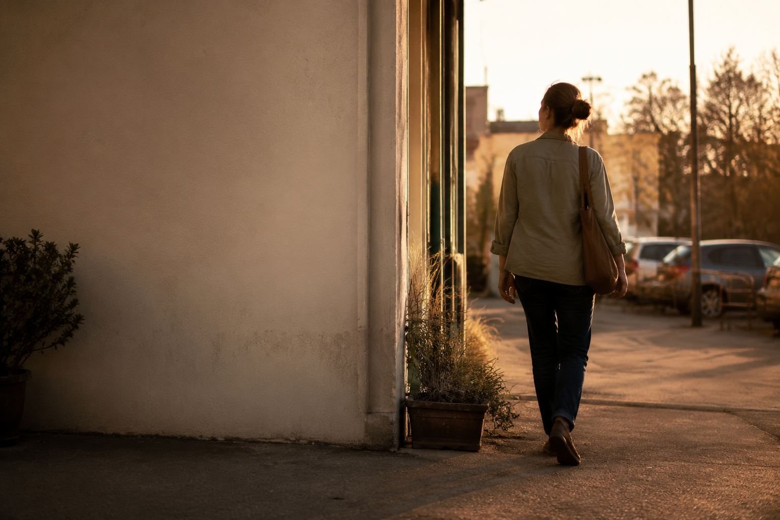 A woman walking home in the evening light